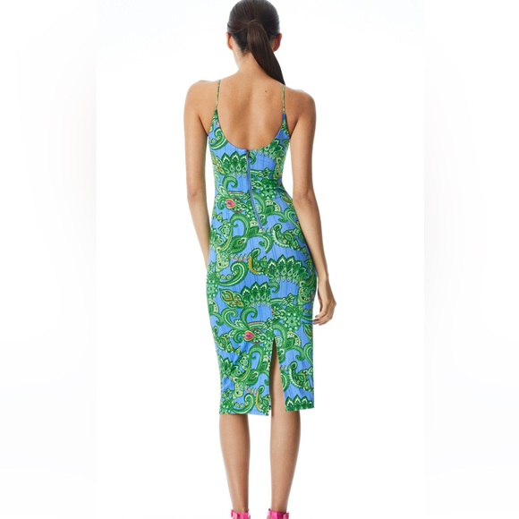 NWT Alice + Olivia DELORA SPAGHETTI STRAP MIDI DRESS Spring Paisley Palace Blue - Picture 2 of 7